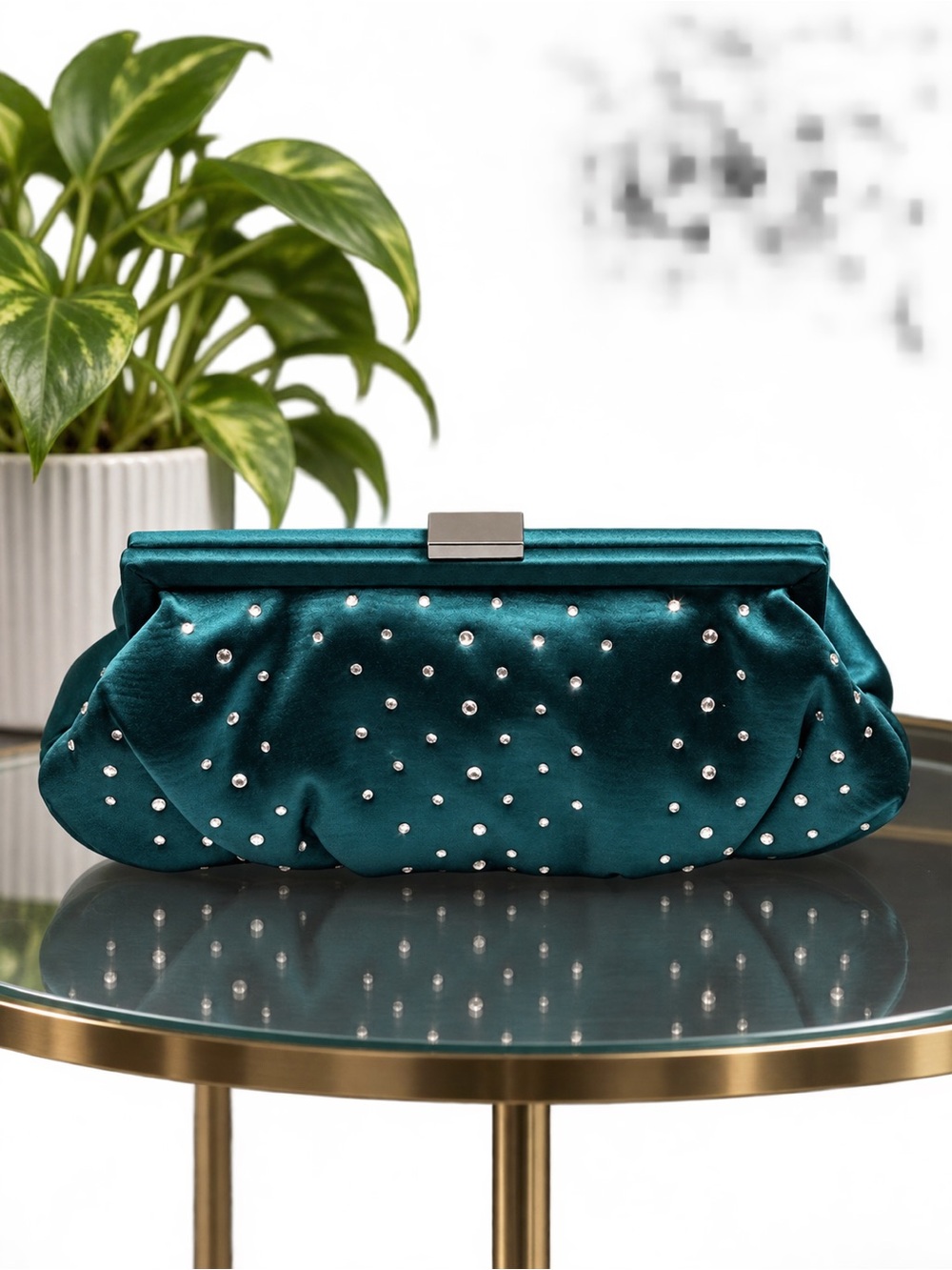 Teal Velvet Crystal-Embellished Clutch